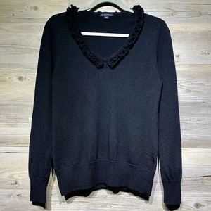 Brooks Brothers Black 100% Merino Wool Ruffled V Neck Sweater Women’s Medium - Picture 1 of 7