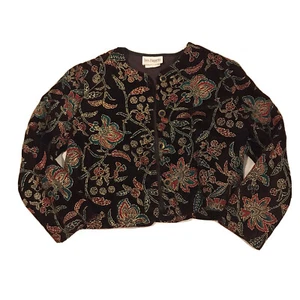 Vintage Tres Paquette Velvet Button Up Gold Floral Design Short Jacket Sz L - Picture 1 of 4
