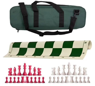 Juego de ajedrez Green Deluxe de un solo peso - tablero, bolsa con piezas rojas y blancas Foto 1 de 4