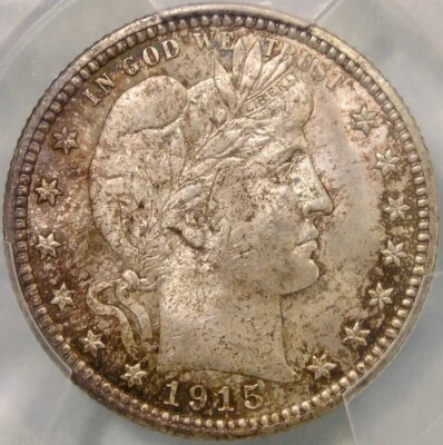 1915 BARBER LIBERTY HEAD SILVER QUARTER W/GORGEOUS REMARKABLE TONING PCGS MS 65 - Image 1 of 4