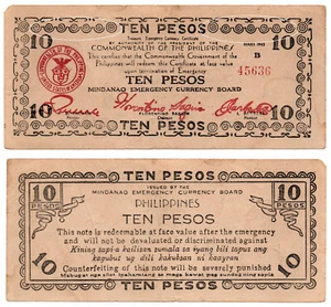 1943 Filippine Provincia di Mindanao 10 Pesos Emergenza S488x2 WW2 Contraffazione - Foto 1 di 5