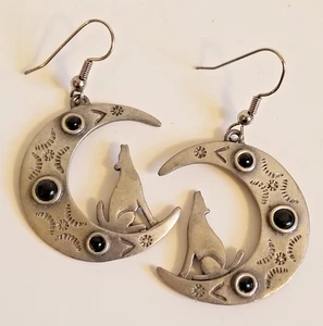 1988 Vintage JJ Howling Wolf Crescent Moon Pewter Southwestern Ohrringe - Bild 1 von 5