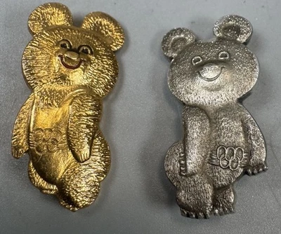 Juego de prendedores de oso Misha de colección 1980 Juegos Olímpicos de Moscú URSS tono oro y plata Foto 1 de 3