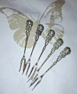 5 alter Probiergabeln / kleine Gäbelchen, 100 Silberauflage, Hildesheimer Rose - Bild 1 von 3