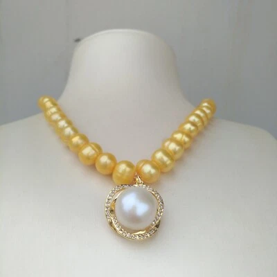 18" Natural AAA +South Sea Golden Pearl Necklace + 11mm White Pendant 14k Gold P - Image 1 of 4