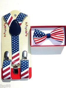 Baby Toddler Kids Child PATRIOTIC US AMERICAN FLAG USA Suspenders and Bow Tie - Picture 1 of 5