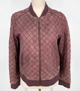 Halogen Womens size L Petite Bomber Burgundy Quilted Soft genuine Leather jacket - Picture 1 of 13