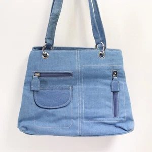 Vtg 80s Denim Satchel Handbag M Light Wash Blue Pockets Purse Shoulder Bag - Picture 1 of 16