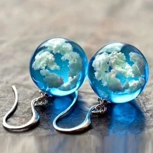 Unique Exquisite Blue Sky White Clouds Glass Ball Earrings Jewelry Women Fashion - Picture 1 of 3