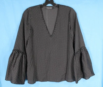 THE FIFTH LABEL Silky SATIN Black w/White POLKA DOT Bell Sleeve BLOUSE/TOP Sz XS - Image 1 of 4
