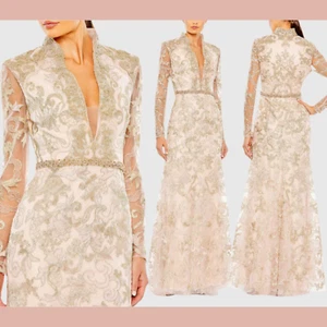 NWT Mac Duggal [ 18 ] 11165 Long Sleeve Applique V-Neck Gown Blush Gold J1147 - Picture 1 of 16