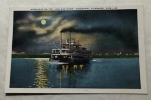 Moonlight On The "Old Man River" Mississippi, Vicksburg, Miss. Postcard (A3) - Picture 1 of 2