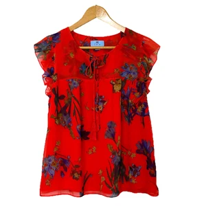 Blusa donna CeCe manica svasata cravatta collo taglia small rossa foderata floreale - Foto 1 di 9