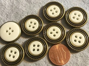 8 Brass Tone Metal Edge White Plastic Sew-through Buttons 13/16" 21mm 4417 - Picture 1 of 1