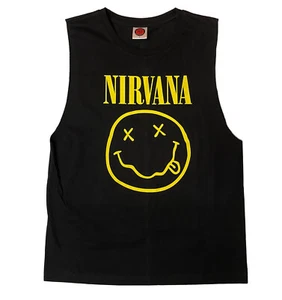 Nirvana Smiley Black Sleeveless Rock Wear Originals Graphic TShirt Large Size - Bild 1 von 3