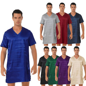 Men's Nightshirt Loose Pajama Sleep T-Shirt Short Sleeve Glossy Dress Loungewear