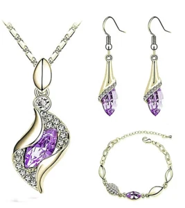 NEW WOMEN'S LAVENDER PURPLE / GOLD-TONE CRYSTAL EARRINGS NECKLACE BRACELET SET - Picture 1 of 4