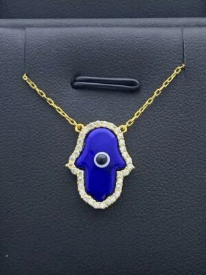Platino Argento Sterling .925 Resina Blu Occhio Hamsa Mano Design Halo Collana - Immagine 1 di 3