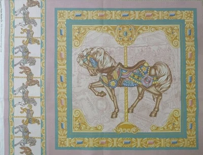 Cranston~"Carousel Horse"~Pink/Mauve BG~Gems~Cotton Fabric Panel~ 15.50"x15.75" - Image 1 of 4