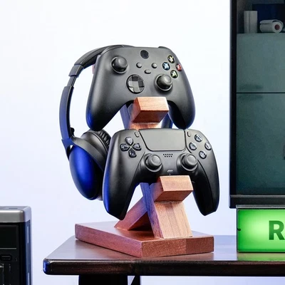 Dual Tier Wooden Stand for Controllers and Headphones Ideal for Gaming Space - Image 1 of 2