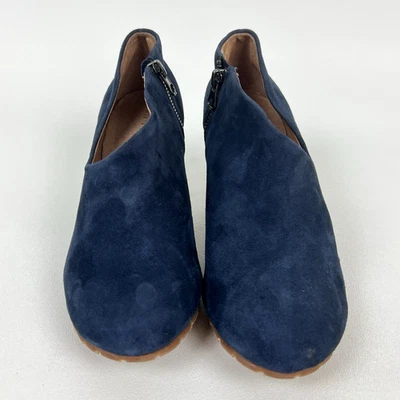 ALL BLACK Brand Booties Navy Blue Suede Heels Asymmetrical Vamp Anthro Sz 39 - Image 1 of 4