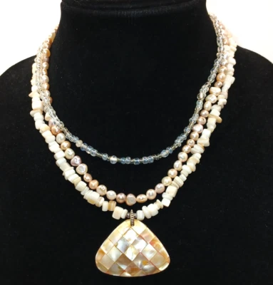 Уникальное ожерелье из 3 нитей перламутр жемчуг и стекло инкрустация бисером подвеска 16 дюймов - Изображение 1 из 4