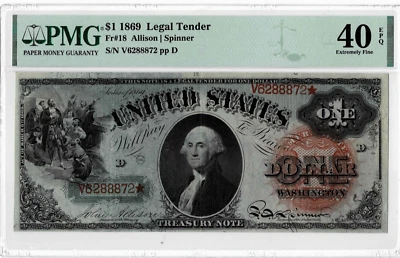 Billete 'RAINBOW' 1869 $1 de licitación legal--fr.18--(Allison/Spinner) PMG EF 40 EPQ Foto 1 de 4