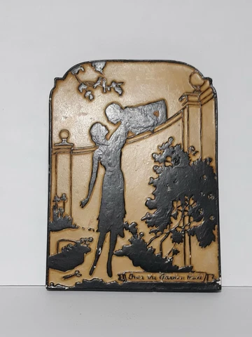 Vintage Plaster Of Paris Tile "Over the Garden Wall" Painted Silhouette Cover