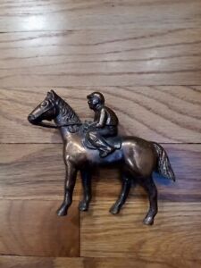 Vintage Cast Metal Copper Race Horse and Jockey Figurine Statue