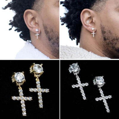 Cross Earrings Silver CZ Huggie Hoop Earring Cross Dangle Women Men Jewellry - Image 1 of 4