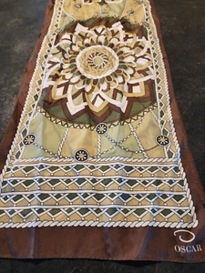 Vintage Oscar D Scarf Oblong Green Brown Dhalia Pattern Polyester 52"×11"  - Picture 1 of 8