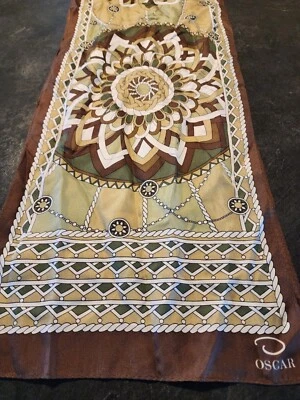 Bufanda De Colección Oscar D Oblonga Verde Marrón Patrón Dhalia Poliéster 52"×11"  Foto 1 de 4