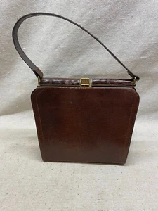 Vtg Lizard Skin Purse Exotic Leather Brown Handbag Clam Shell Goldtone 50’s Bag - Picture 1 of 7