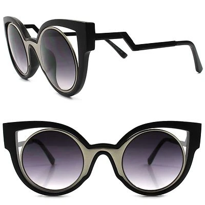 Diseñador Moda Elegante Elegante Negro Sexy Lente Redonda Marco Ojo de Gato Gafas de Sol Foto 1 de 4