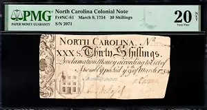 North Carolina Colonial Note Fr#NC-81 March 9, 1754 30s PMG 20 *Eye Appeal* - Picture 1 of 4