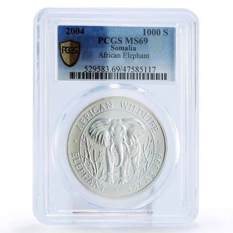 Somalia 1000 shillings African Wildlife Elephant MS69 PCGS silver coin 2004 Cover
