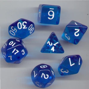 NEW RPG Dice Set of 7 - Translucent Sky-Blue D4 D6 D8 D10 D12 D20 D00-90 - Picture 1 of 1