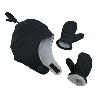 N’Ice Gorras Niños Pequeños Bebé Sherpa Forrado Negro Piloto Sombrero Mitón Conjunto Talla 2T-4T Foto 1 de 4