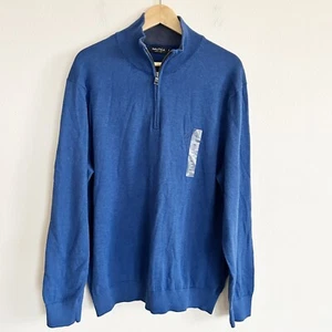 NWT Nautica Sweater Mens XL Blue 1/4 Zip Cotton Mock Neck Classic Preppy - Picture 1 of 10