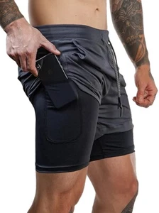 Men's Sports Running Shorts Gym Fitness Bottoms with Zipper Pockets - Picture 1 of 14