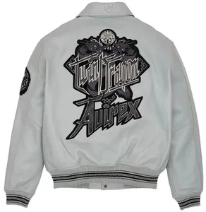 Mens Avirex Gray Bomber Twin Dragon Limited Edition Real Cowhide Leather Jacket - Picture 1 of 5