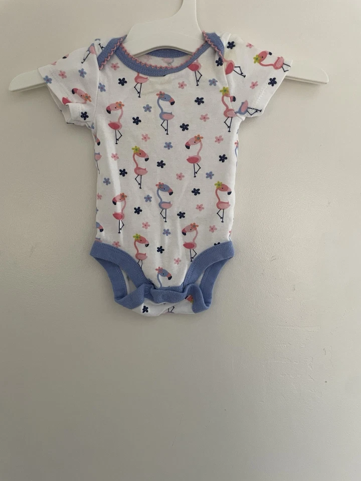 Koala Baby Girls Cute Floral Flamingo 100% Cotton Short Sleeve Bodysuit White NB - Image 1 of 4