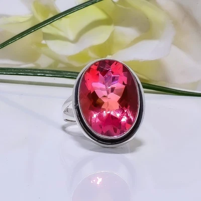 Anillo fresco de plata esterlina 925 maciza con piedras preciosas de turmalina rubelita rosa bio V8479 Foto 1 de 4