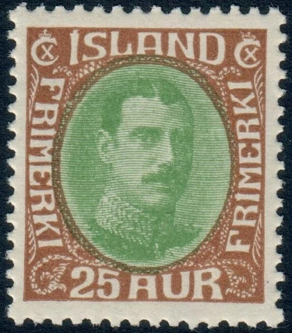 ICELAND. #182. 1931. Christian X. Redrawn. 25 Aur, brown/green, VF MNH (PK2067) Cover
