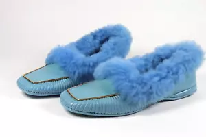 Women's House Shoes Slippers Blue With Faux Fur Gold True Vintage 70s - Picture 1 of 8