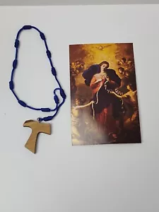 Mary Untier of Knots Una Década Rosario Cruz TAU con Tarjeta de Oración Cordón Azul - Imagen 1 de 11