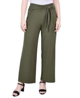 NY Collection Petite Womens PXL Cropped Solid Pull On Pants with Sash in Green - Image 1 of 4