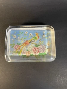Vintage Glass Paperweight With Bird & Flowers Picture 4” Long 1” High - Picture 1 of 14