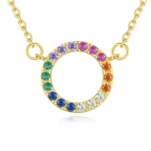 14K Gold Plated Rainbow CZ Cubic Zirconia 10mm Open Circle Pendant Necklace - Bild 1 von 5