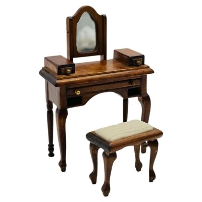 Dollhouse Miniature Concord Wooden Oak Vanity With Bench 1:12 VINTAGE - Image 1 of 4